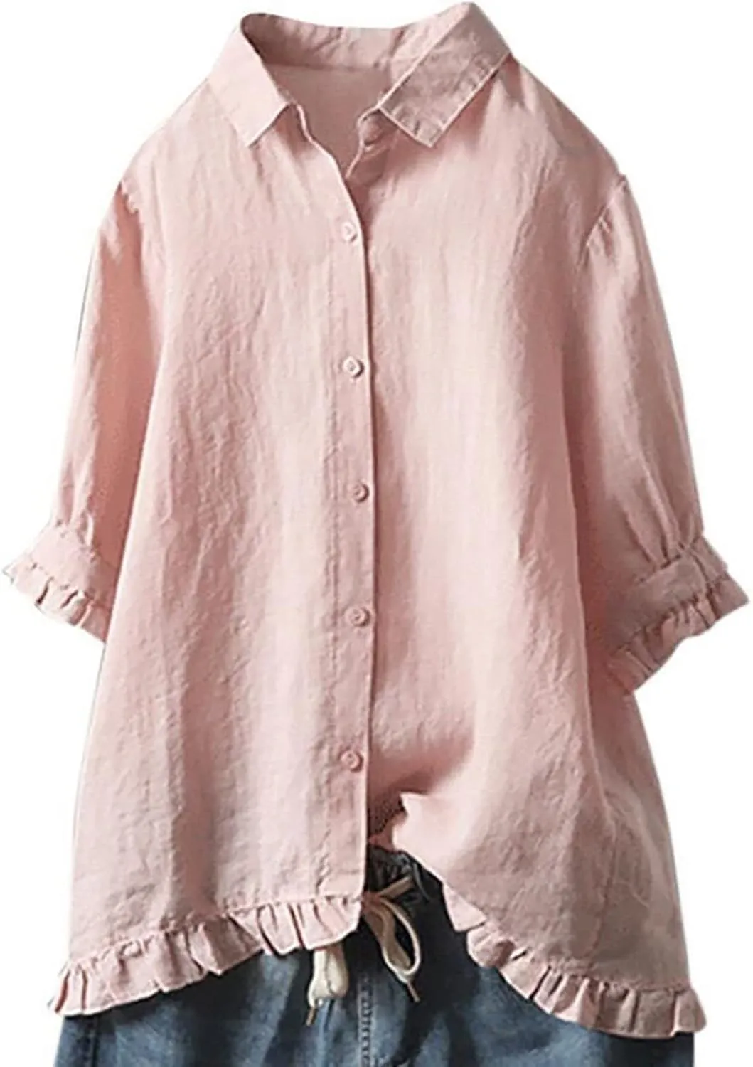 Women Linen Shirts Summer Cotton Linen Plain Long Sleeve T-Shirts Casual Plus Size Basic Crew Neck Tshirts