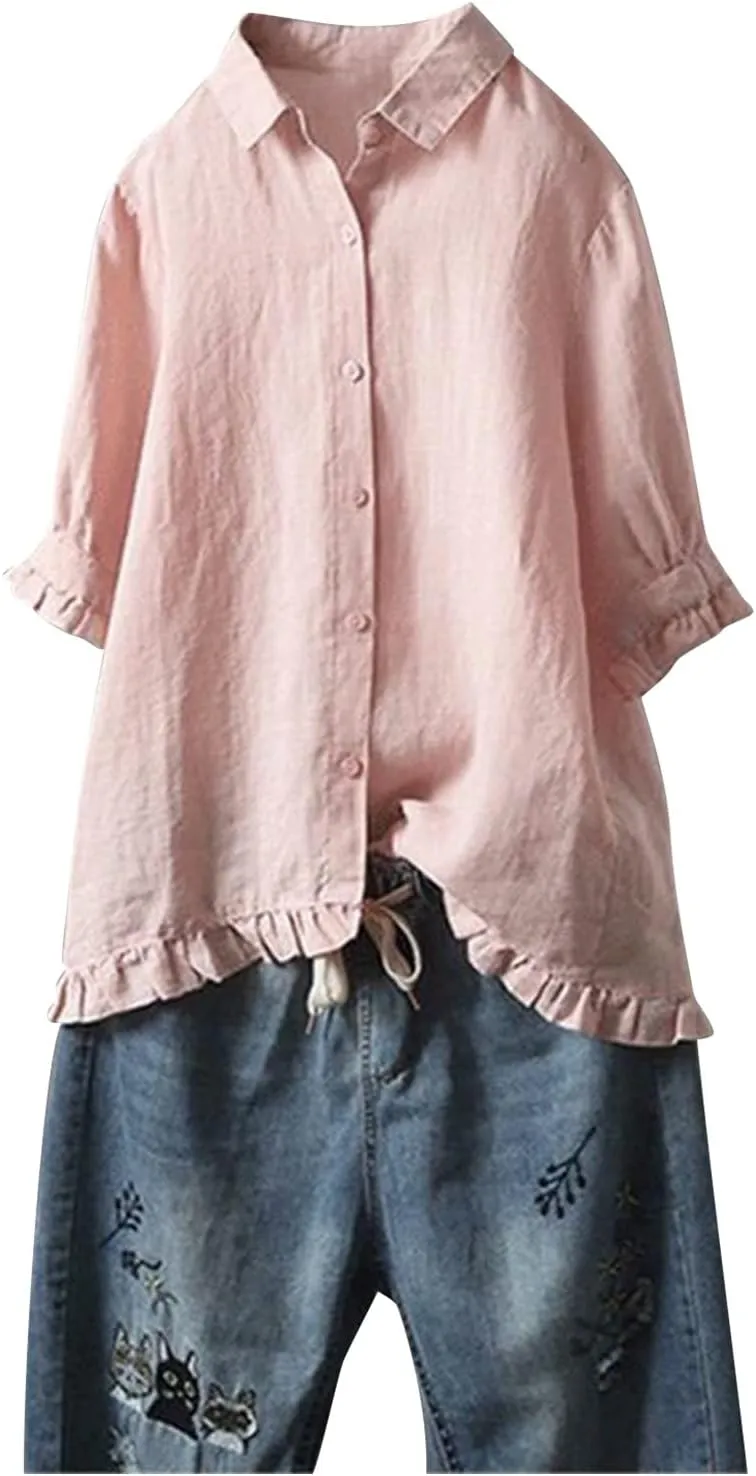 Women Linen Shirts Summer Cotton Linen Plain Long Sleeve T-Shirts Casual Plus Size Basic Crew Neck Tshirts