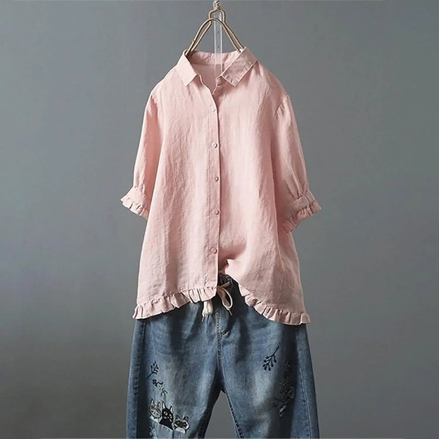 Women Linen Shirts Summer Cotton Linen Plain Long Sleeve T-Shirts Casual Plus Size Basic Crew Neck Tshirts