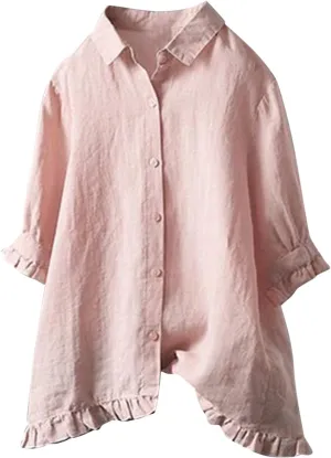 Women Linen Shirts Summer Cotton Linen Plain Long Sleeve T-Shirts Casual Plus Size Basic Crew Neck Tshirts