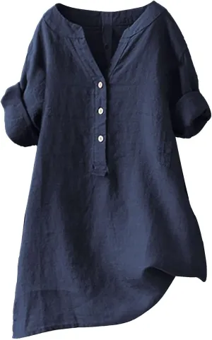 Women Linen Shirts Summer Linen Button Up Short Sleeve T-Shirt Casual Oversized Trendy Round Neck Tee Shirts