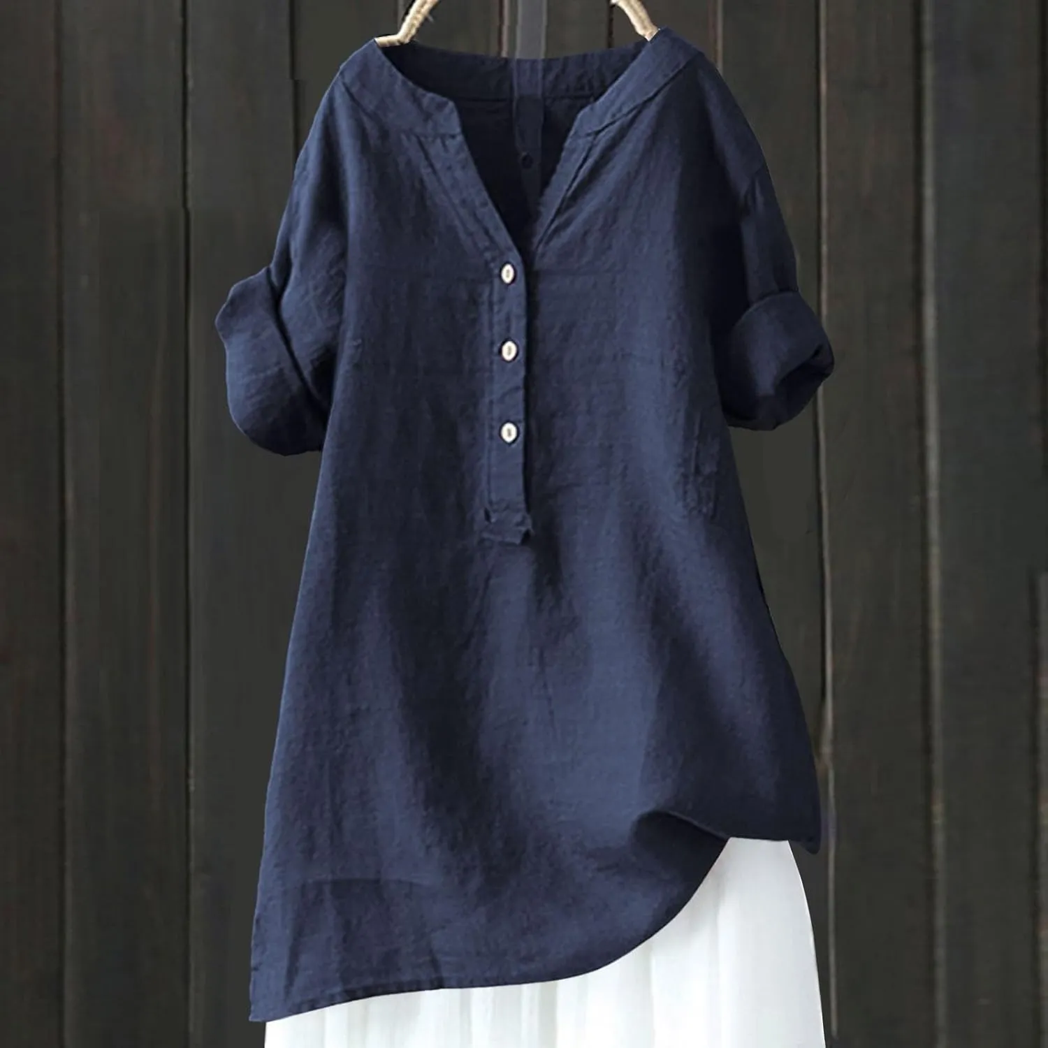 Women Linen Shirts Summer Linen Button Up Short Sleeve T-Shirt Casual Oversized Trendy Round Neck Tee Shirts