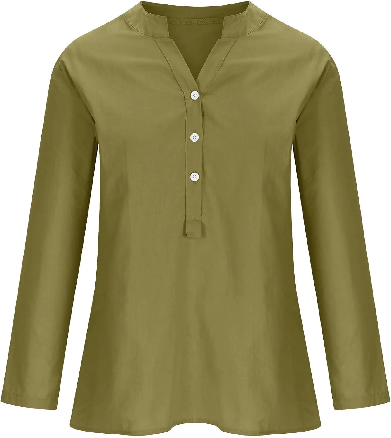 Women Linen Shirts V-Neck Buttons Blouse Plain Solid Comfy Tee Top Long Sleeve Loose T-Shirts