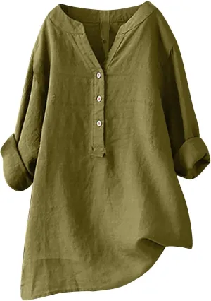 Women Linen Shirts V-Neck Buttons Blouse Plain Solid Comfy Tee Top Long Sleeve Loose T-Shirts