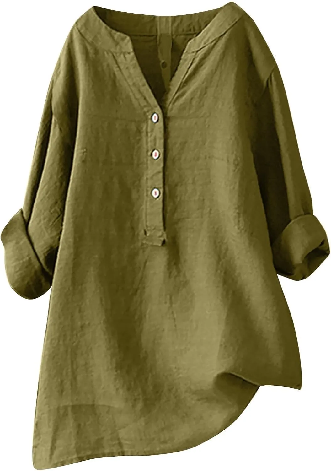 Women Linen Shirts V-Neck Buttons Blouse Plain Solid Comfy Tee Top Long Sleeve Loose T-Shirts
