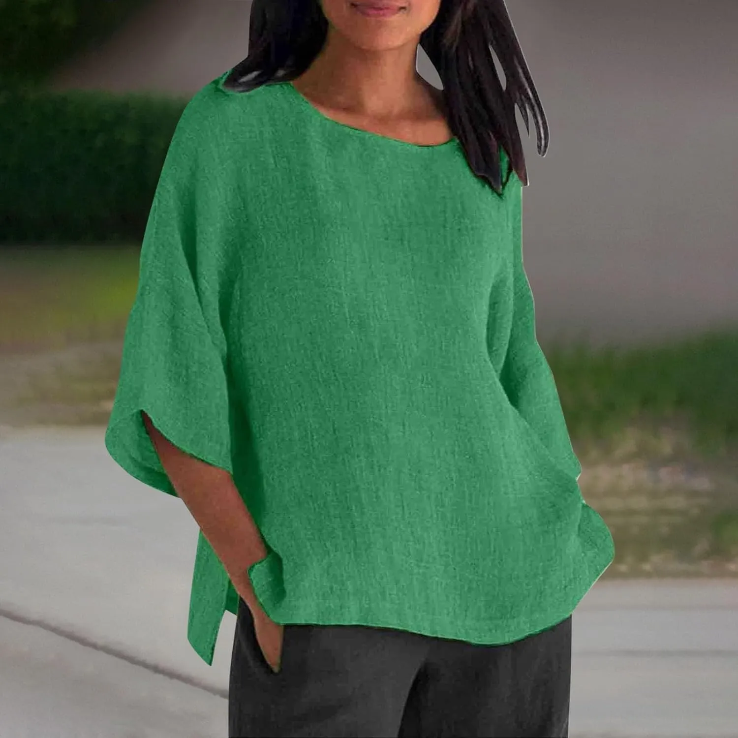 Women Short Sleeve Linen Shirt Casual V Neck Oversized T Shirt Plain Solid Loose Fit Summer Tee Top