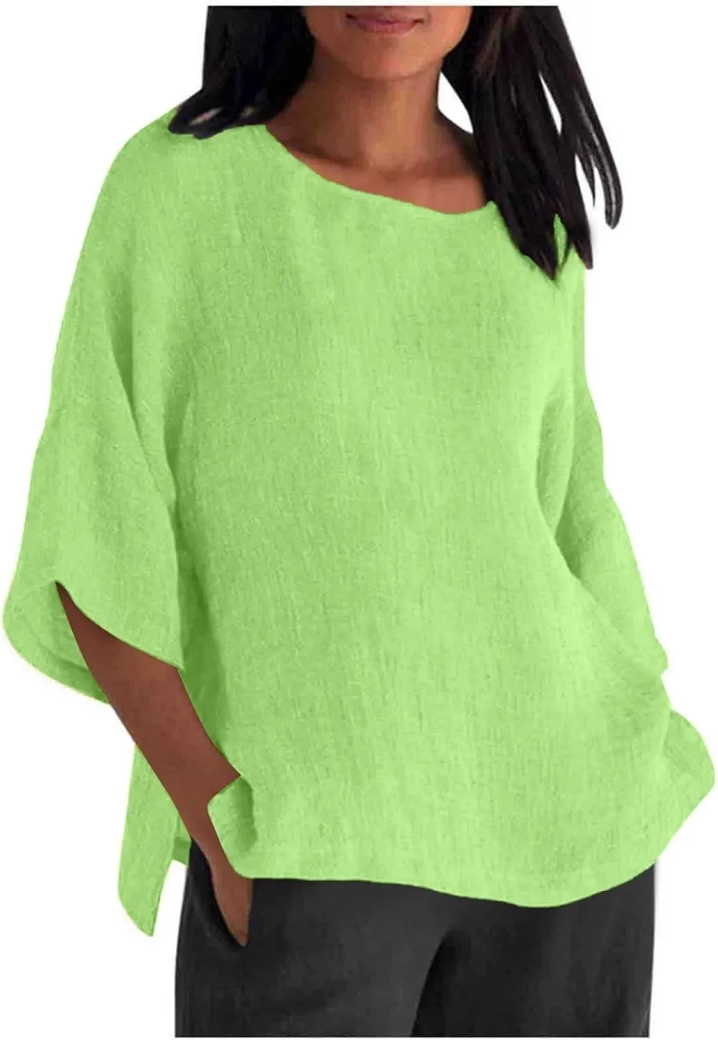 Women Short Sleeve Linen Shirts Casual Round Neck Plus Size T Shirt Bohemian Boho Loose Fit Summer Tshirts