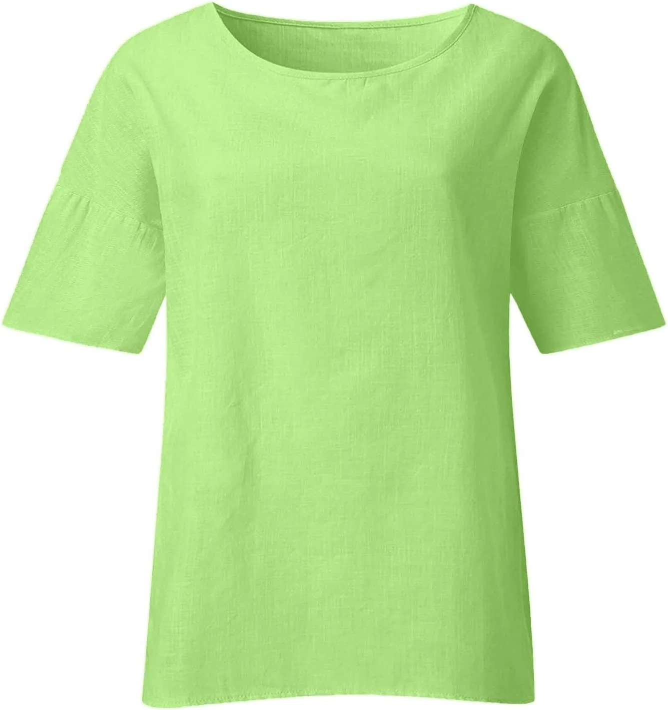 Women Short Sleeve Linen Shirts Casual Round Neck Plus Size T Shirt Bohemian Boho Loose Fit Summer Tshirts