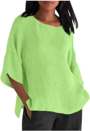 Women Short Sleeve Linen Shirts Casual Round Neck Plus Size T Shirt Bohemian Boho Loose Fit Summer Tshirts