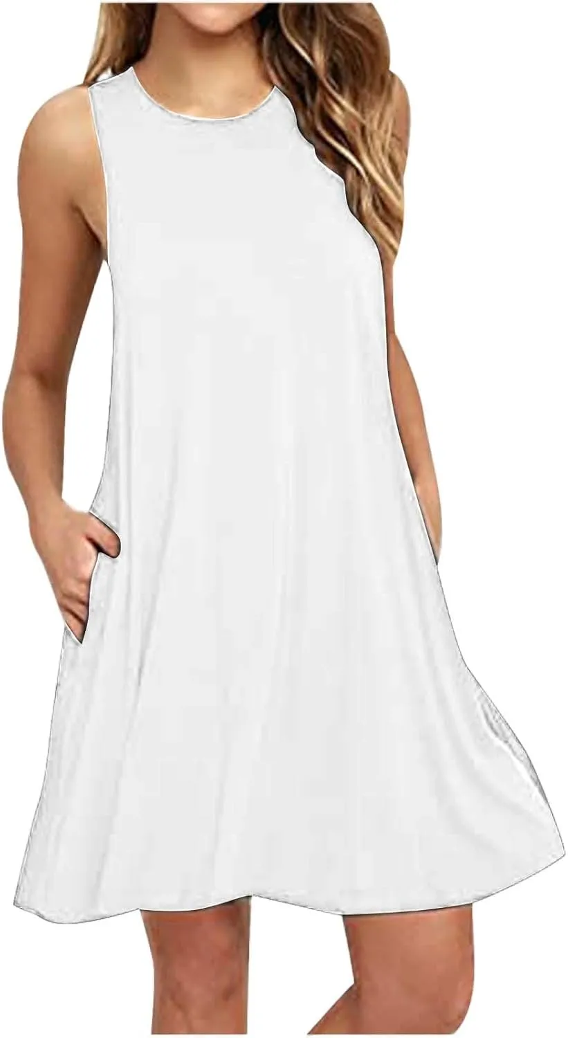 Women Summer Casual T Shirt Dresses Beach Cover Up Plain Pleated Tank Dress Womens Shirt Dress with