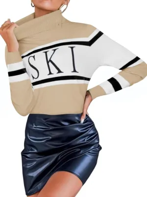 Women's 2025 Spring Turtleneck Sweater Colorblock Pullover Tight Knit Ski Sweaters Thermal Shirts Winter Tops