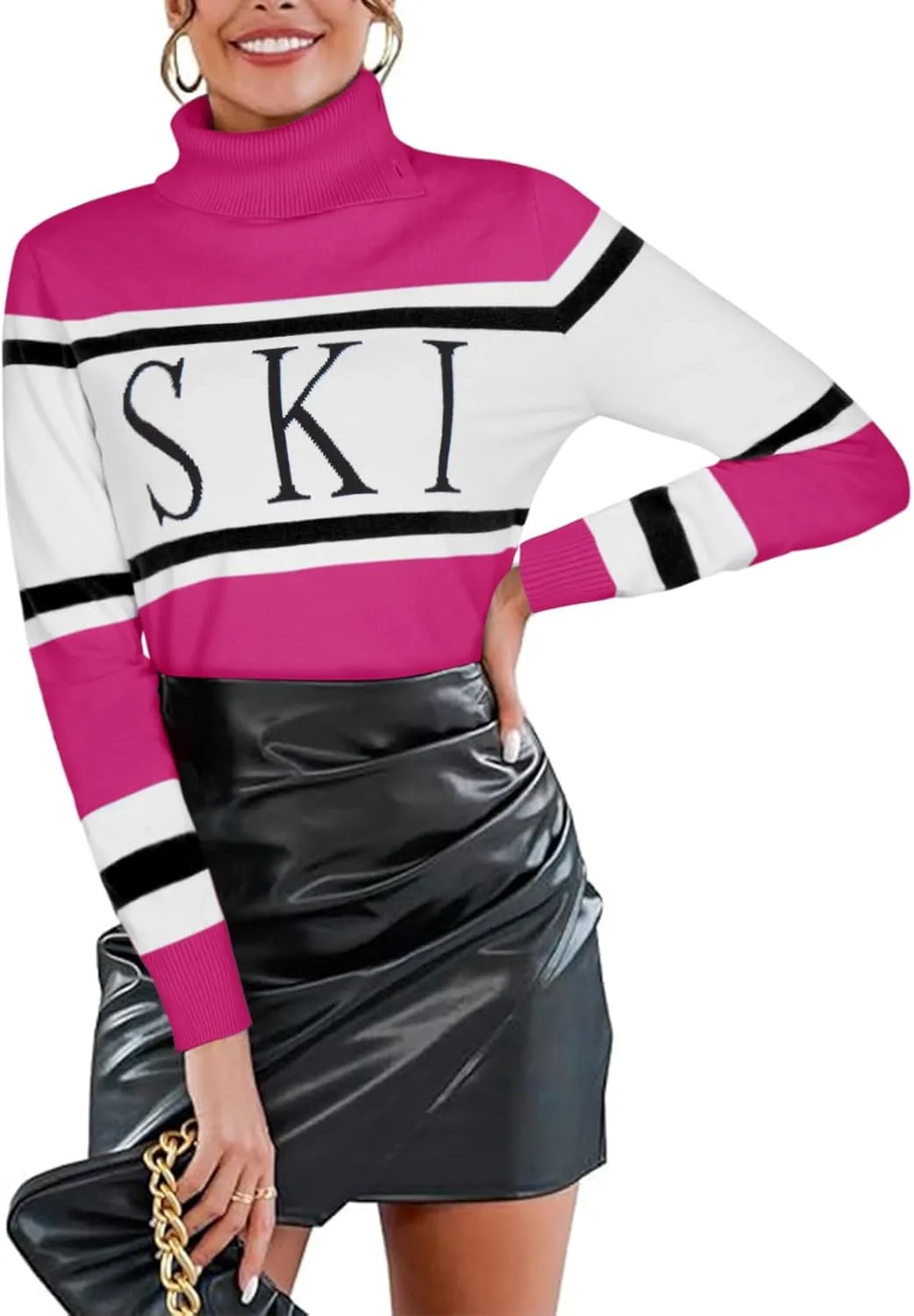 Women's 2025 Spring Turtleneck Sweater Colorblock Pullover Tight Knit Ski Sweaters Thermal Shirts Winter Tops
