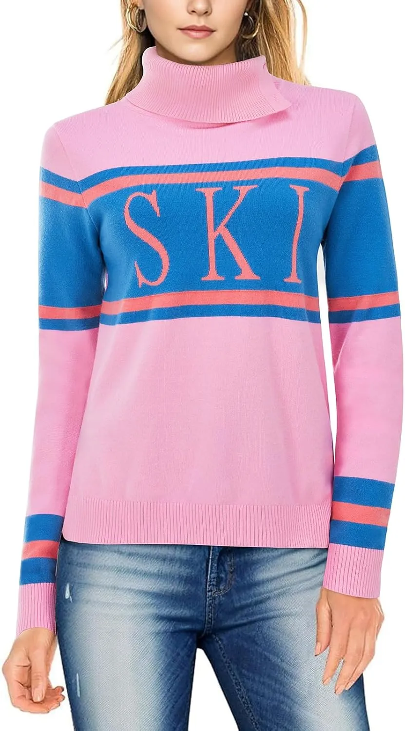Women's 2025 Spring Turtleneck Sweater Colorblock Pullover Tight Knit Ski Sweaters Thermal Shirts Winter Tops
