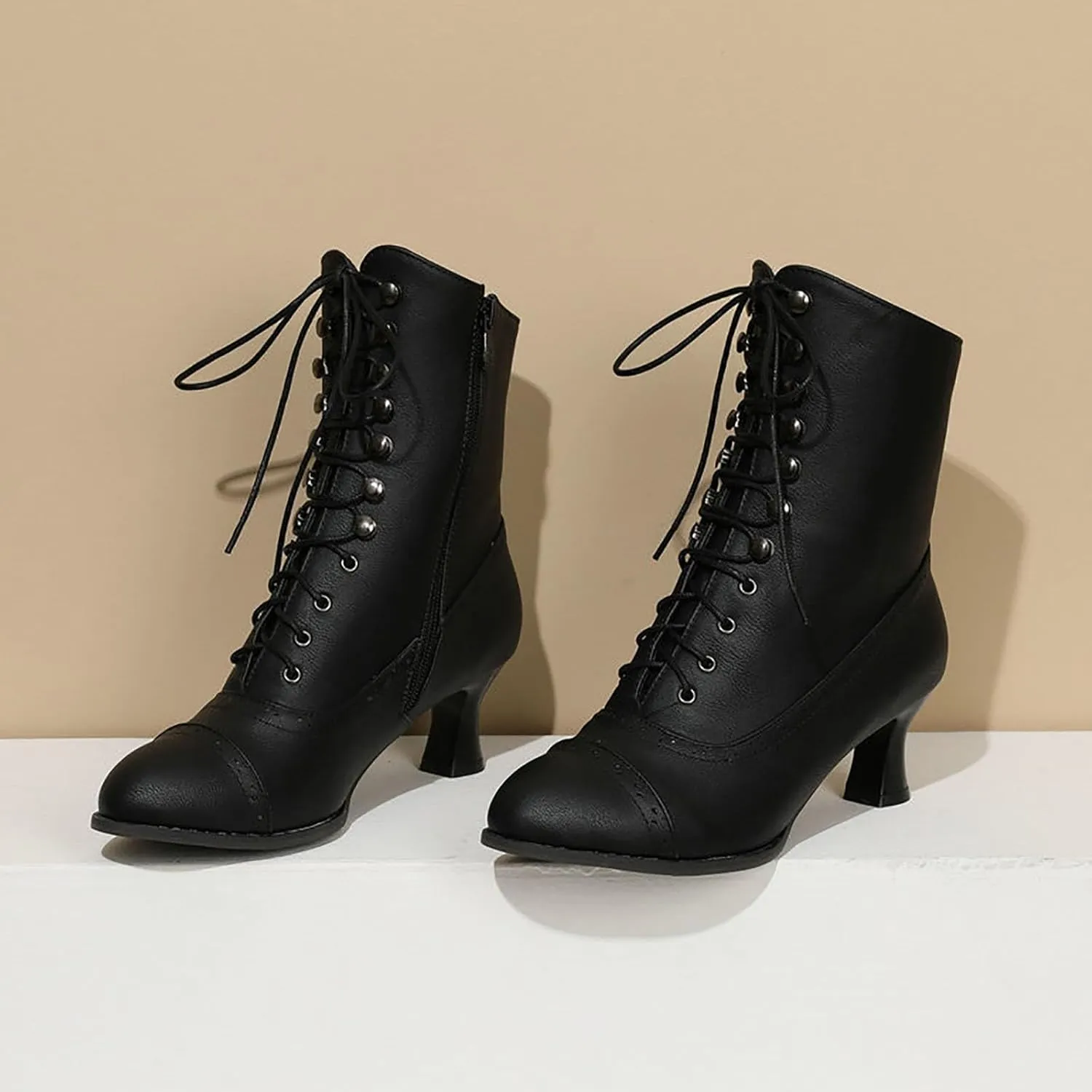 Women's Ankle Boots Vintage Kitten Heel Victorian Boots Fashion Lace Up Dance Boots Western 70s Medieval Cowboy Boots