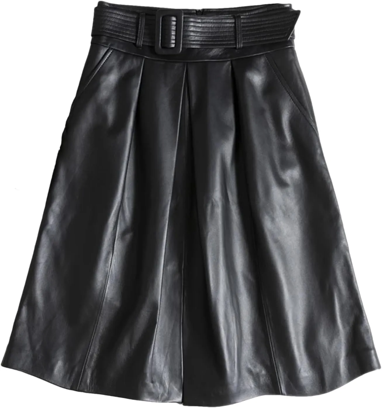 Womens Belted Midi Leather Skirt Front Slit Spring Summer Umbrella Hem Sheepskin