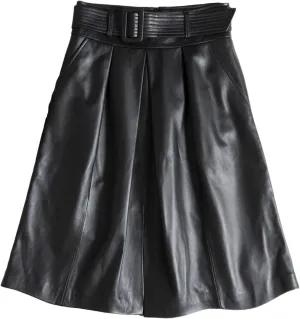 Womens Belted Midi Leather Skirt Front Slit Spring Summer Umbrella Hem Sheepskin