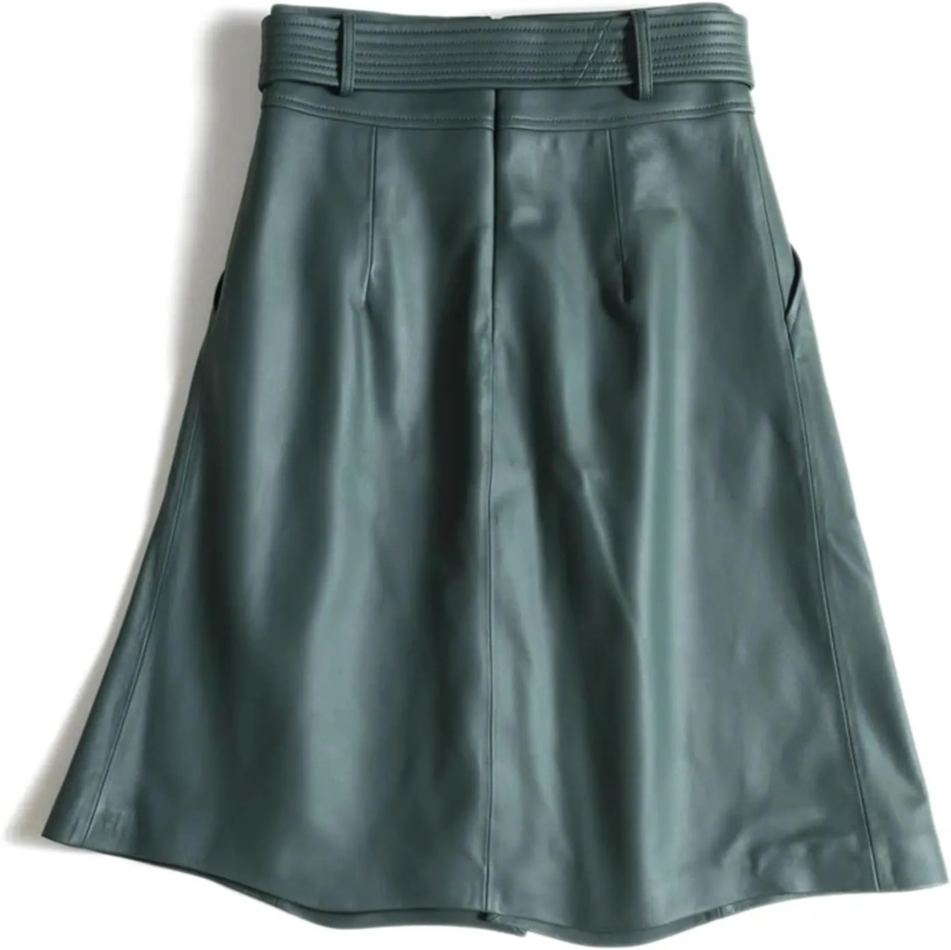 Womens Belted Midi Leather Skirt Front Slit Spring Summer Umbrella Hem Sheepskin
