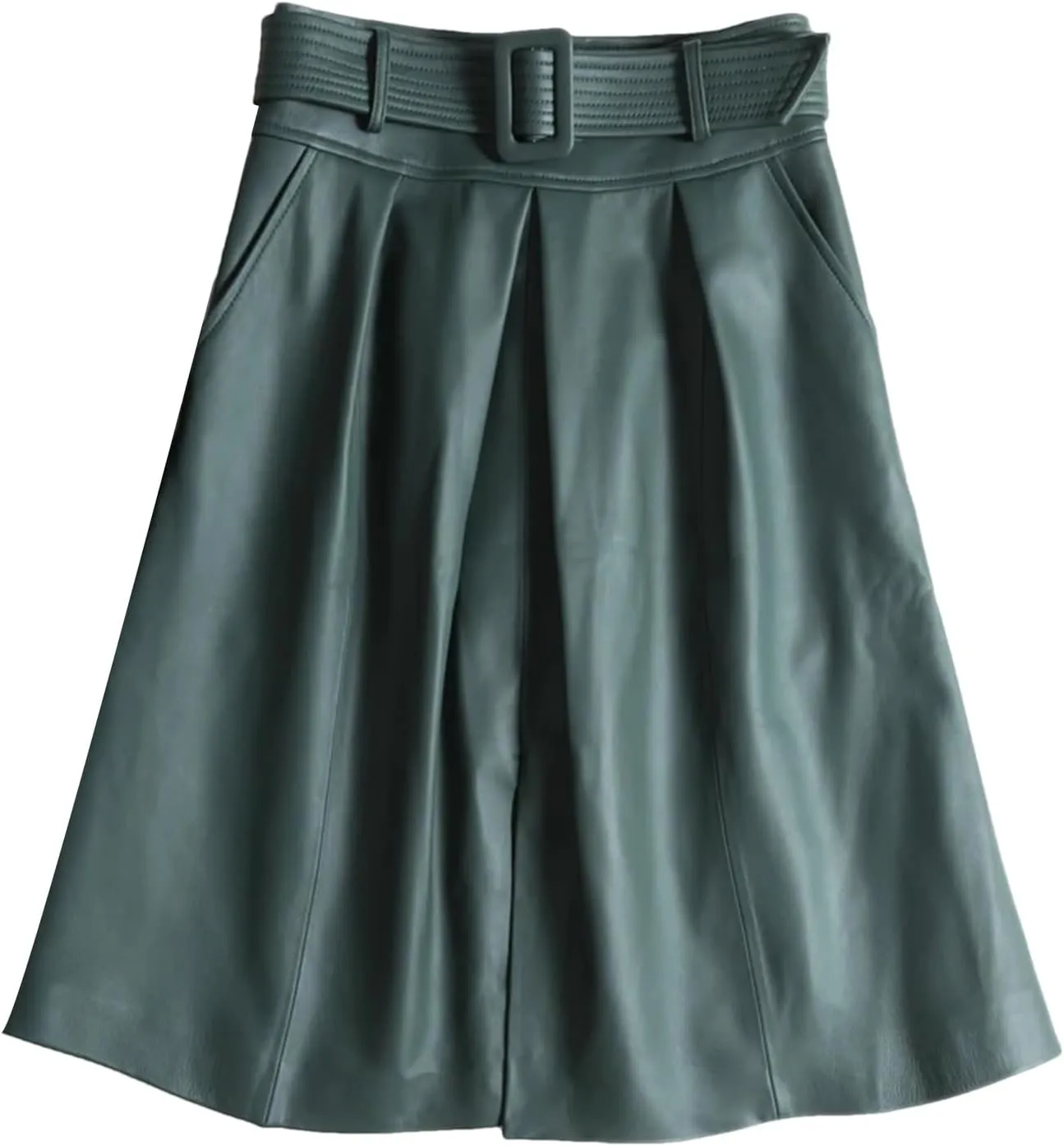 Womens Belted Midi Leather Skirt Front Slit Spring Summer Umbrella Hem Sheepskin