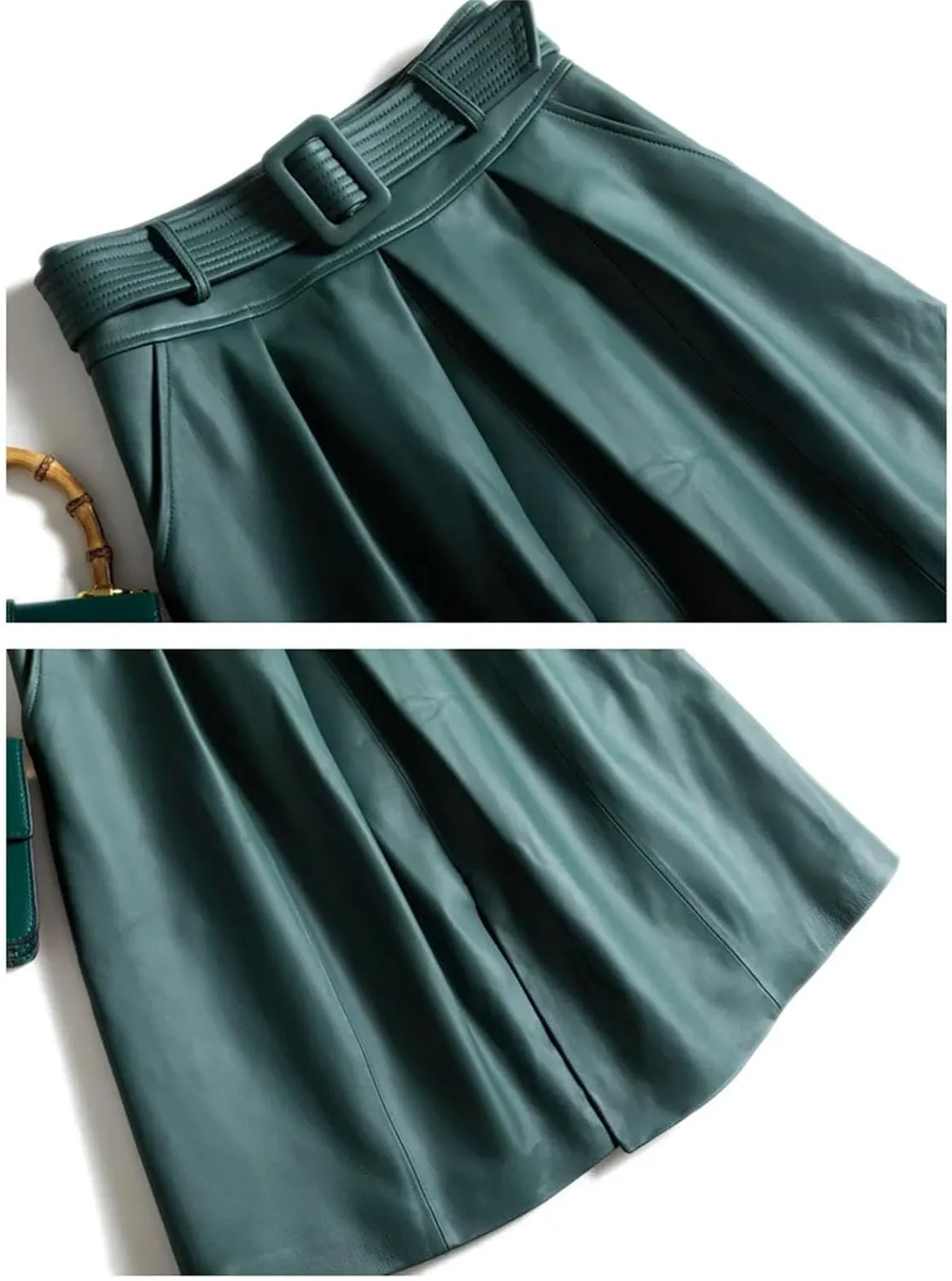 Womens Belted Midi Leather Skirt Front Slit Spring Summer Umbrella Hem Sheepskin