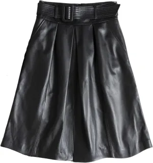 Womens Belted Midi Leather Skirt Front Slit Spring Summer Umbrella Hem Sheepskin