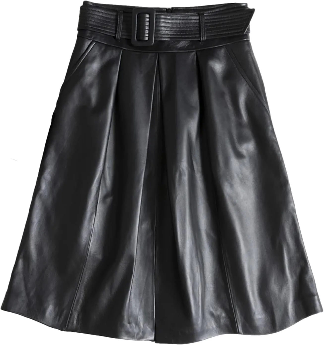 Womens Belted Midi Leather Skirt Front Slit Spring Summer Umbrella Hem Sheepskin
