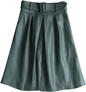 Womens Belted Midi Leather Skirt Front Slit Spring Summer Umbrella Hem Sheepskin