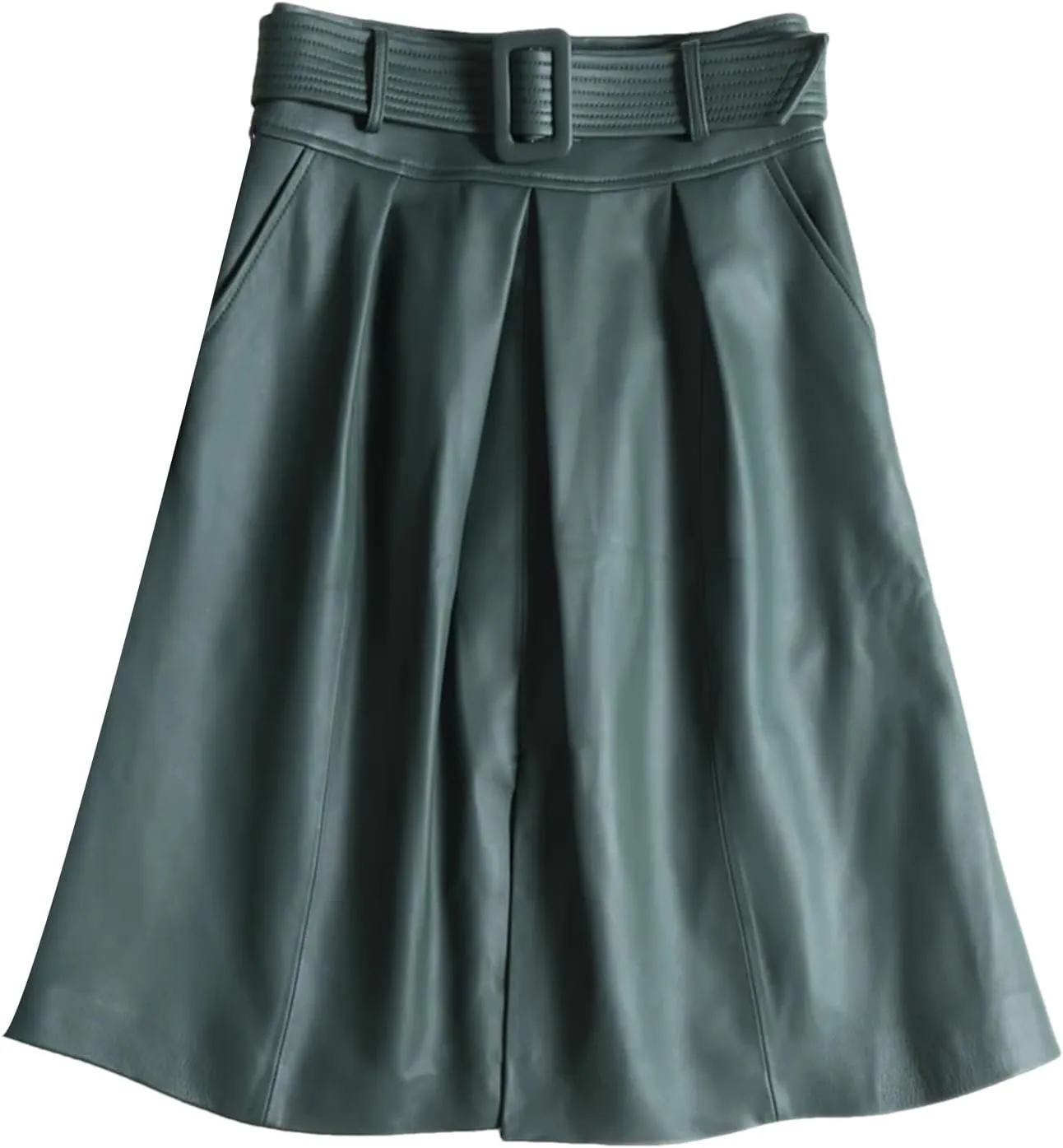 Womens Belted Midi Leather Skirt Front Slit Spring Summer Umbrella Hem Sheepskin