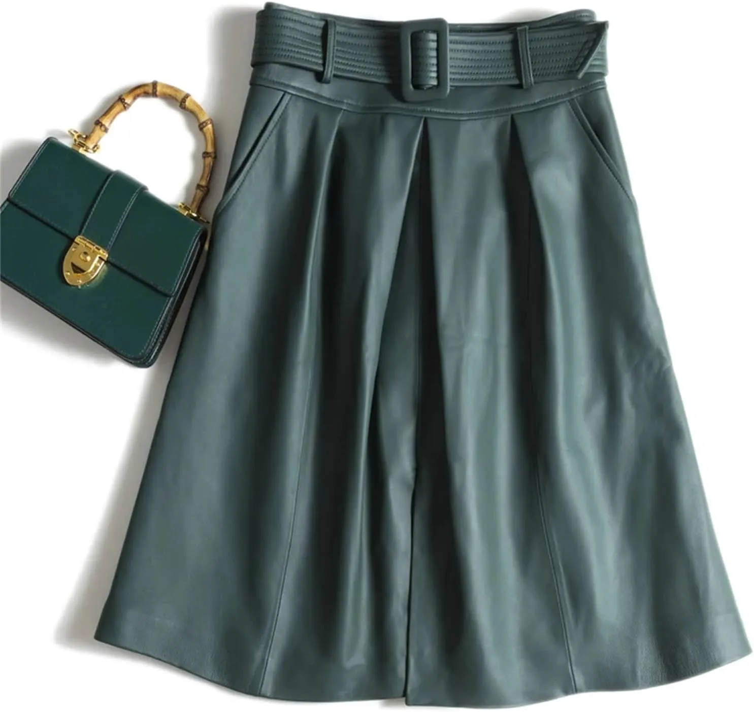 Womens Belted Midi Leather Skirt Front Slit Spring Summer Umbrella Hem Sheepskin