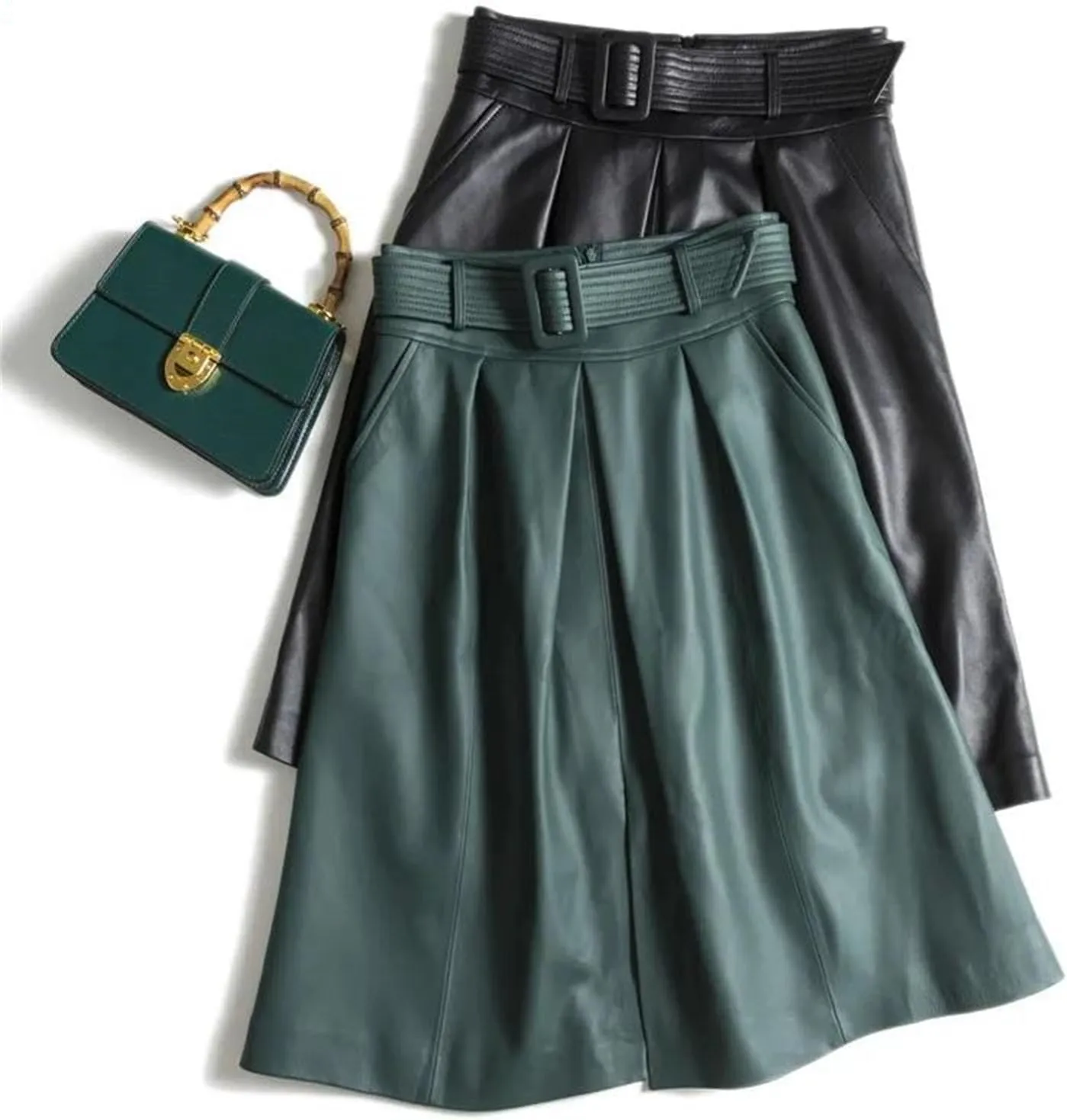 Womens Belted Midi Leather Skirt Front Slit Spring Summer Umbrella Hem Sheepskin
