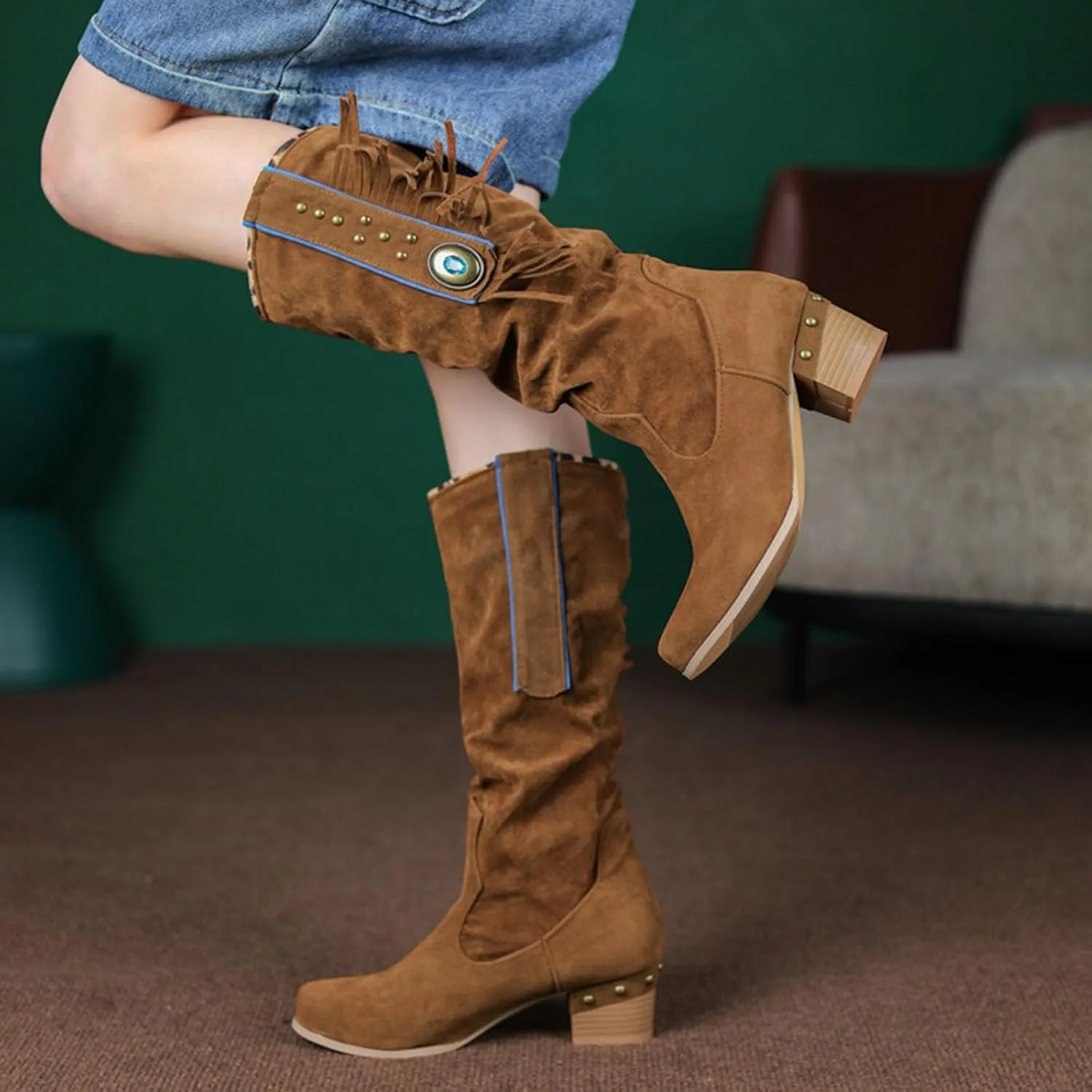 Womens Boots Chunky Heel Tassel Studded Retro Trendy Mid Calf Solid Color Stitched Crystal Boots Boots for Women