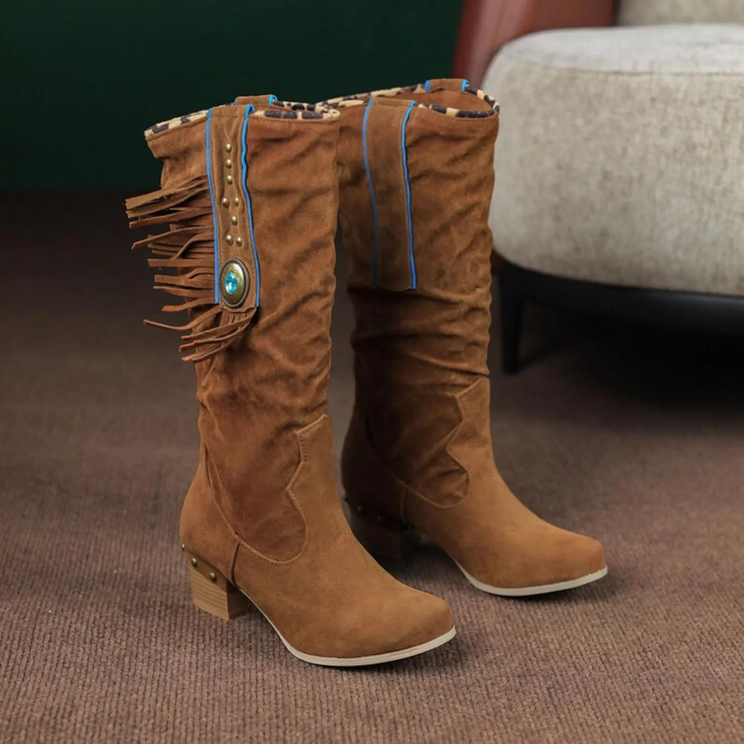 Womens Boots Chunky Heel Tassel Studded Retro Trendy Mid Calf Solid Color Stitched Crystal Boots Boots for Women