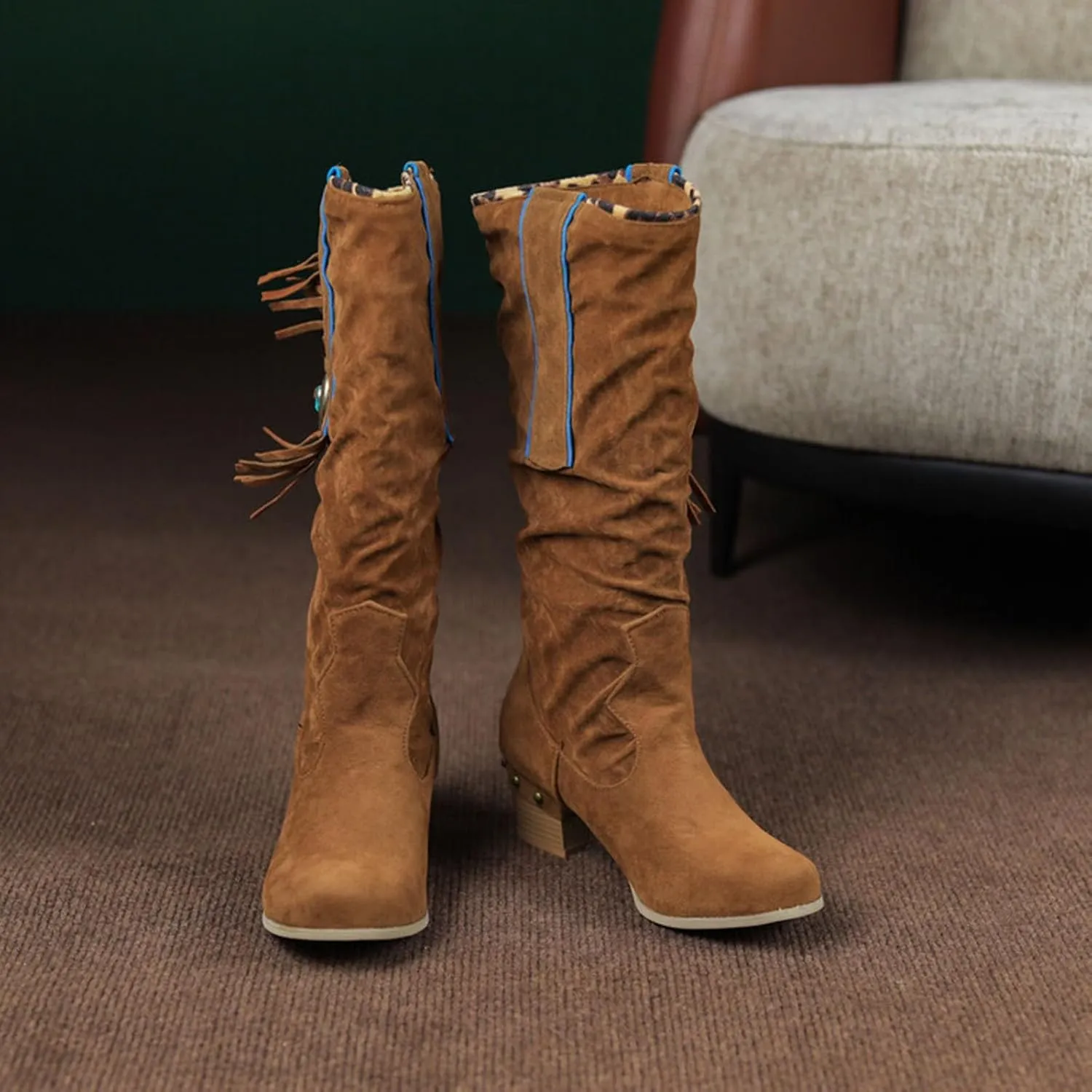 Womens Boots Chunky Heel Tassel Studded Retro Trendy Mid Calf Solid Color Stitched Crystal Boots Boots for Women