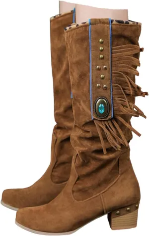 Womens Boots Chunky Heel Tassel Studded Retro Trendy Mid Calf Solid Color Stitched Crystal Boots Boots for Women