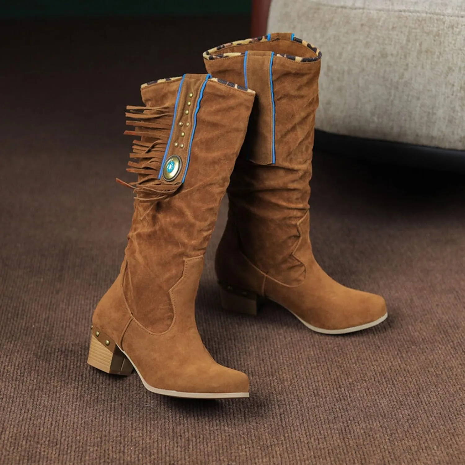 Womens Boots Chunky Heel Tassel Studded Retro Trendy Mid Calf Solid Color Stitched Crystal Boots Boots for Women