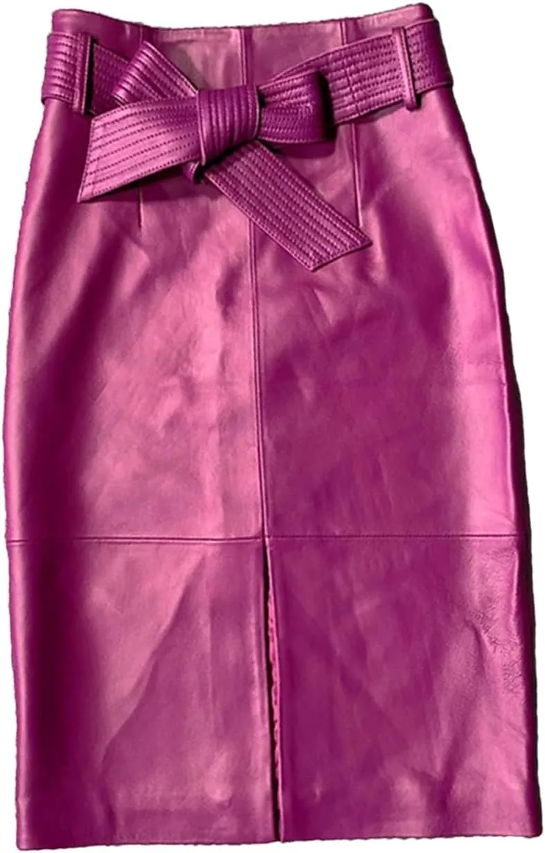 Womens Bow Belt Leather Skirt Midi Wrap Sheepskin High Waist Slit Multicolor