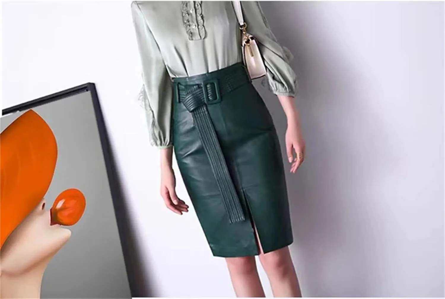 Womens Bow Belt Leather Skirt Midi Wrap Sheepskin High Waist Slit Multicolor