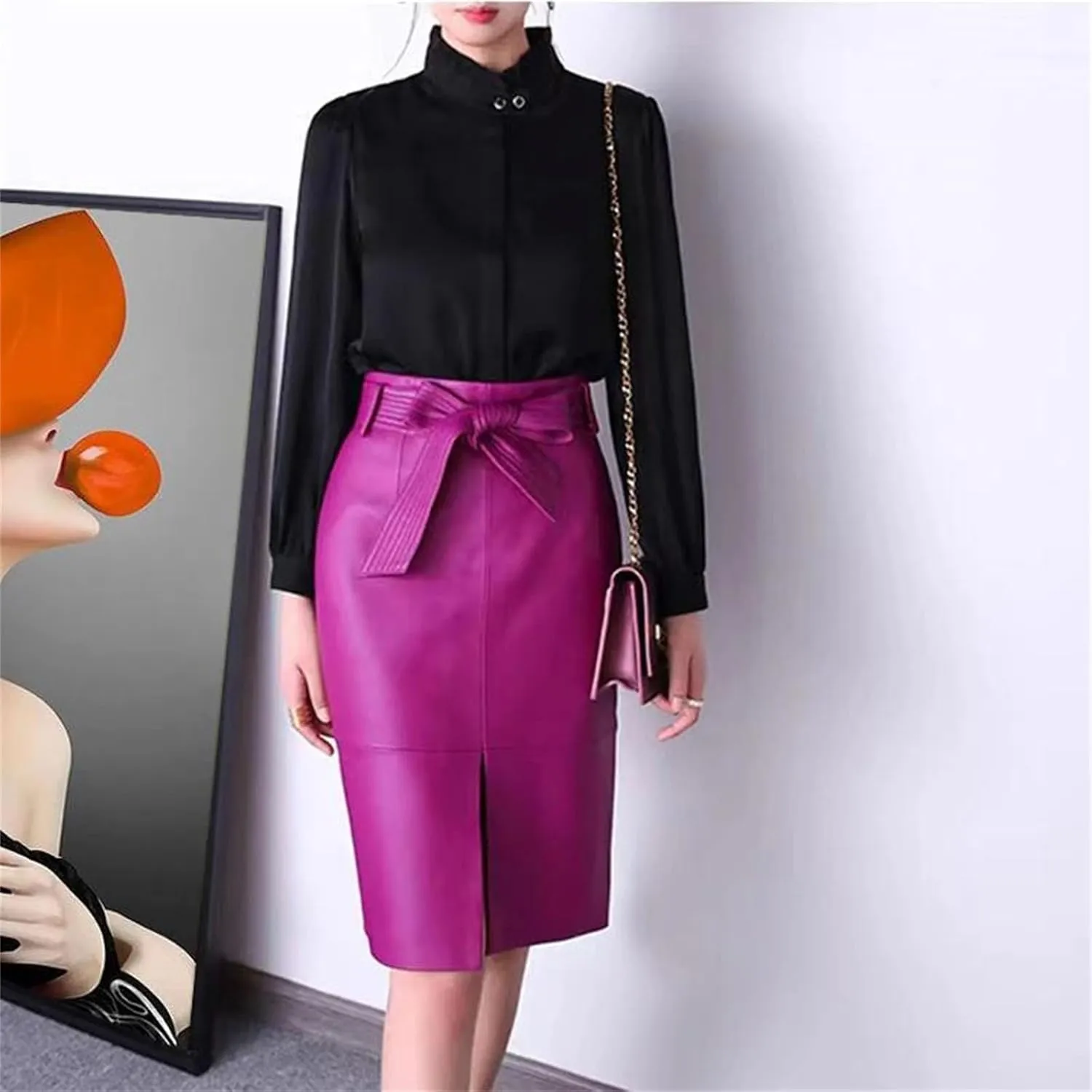 Womens Bow Belt Leather Skirt Midi Wrap Sheepskin High Waist Slit Multicolor