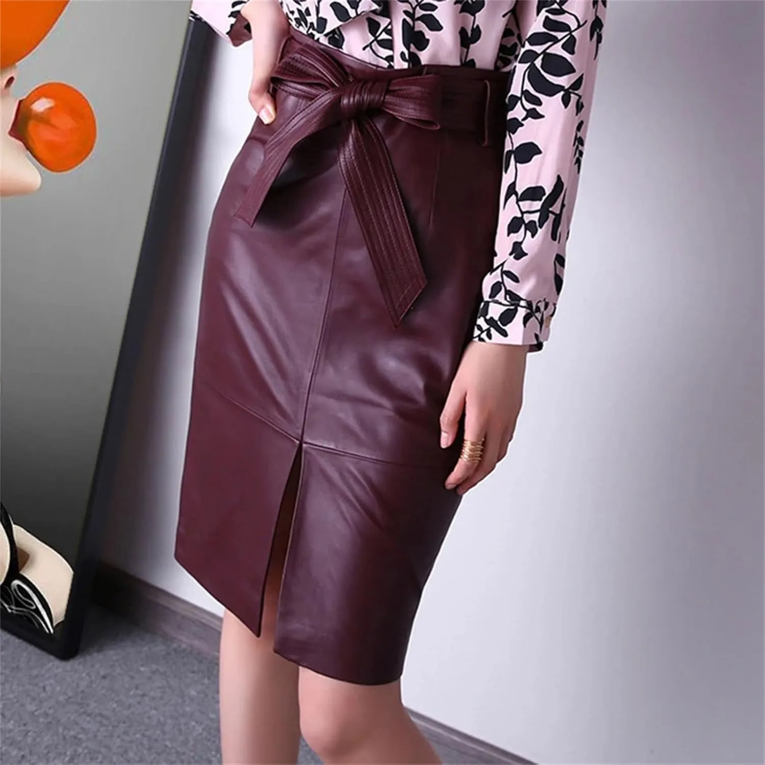 Womens Bow Belt Leather Skirt Midi Wrap Sheepskin High Waist Slit Multicolor
