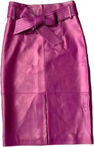 Womens Bow Belt Leather Skirt Midi Wrap Sheepskin High Waist Slit Multicolor