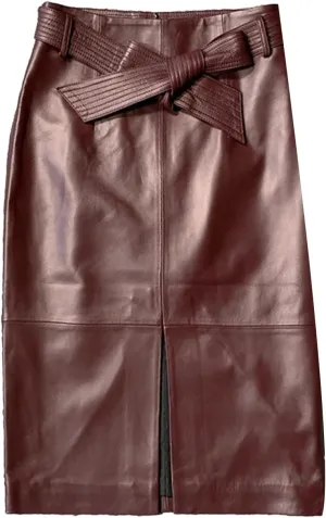 Womens Bow Belt Leather Skirt Midi Wrap Sheepskin High Waist Slit Multicolor