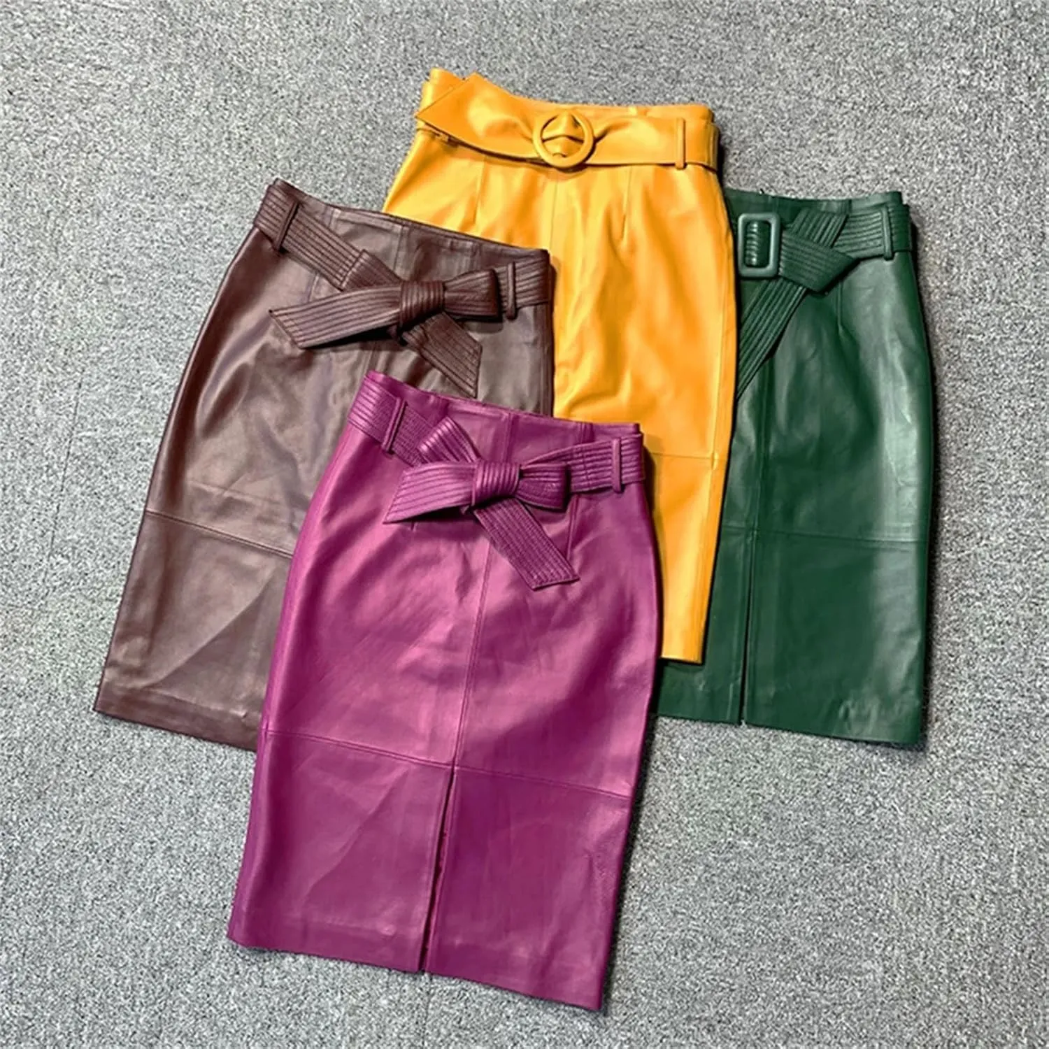 Womens Bow Belt Leather Skirt Midi Wrap Sheepskin High Waist Slit Multicolor