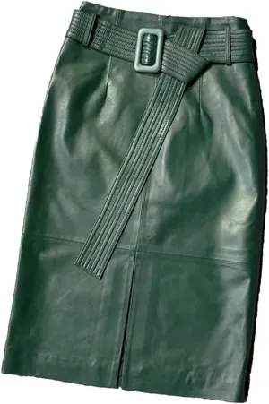 Womens Bow Belt Leather Skirt Midi Wrap Sheepskin High Waist Slit Multicolor