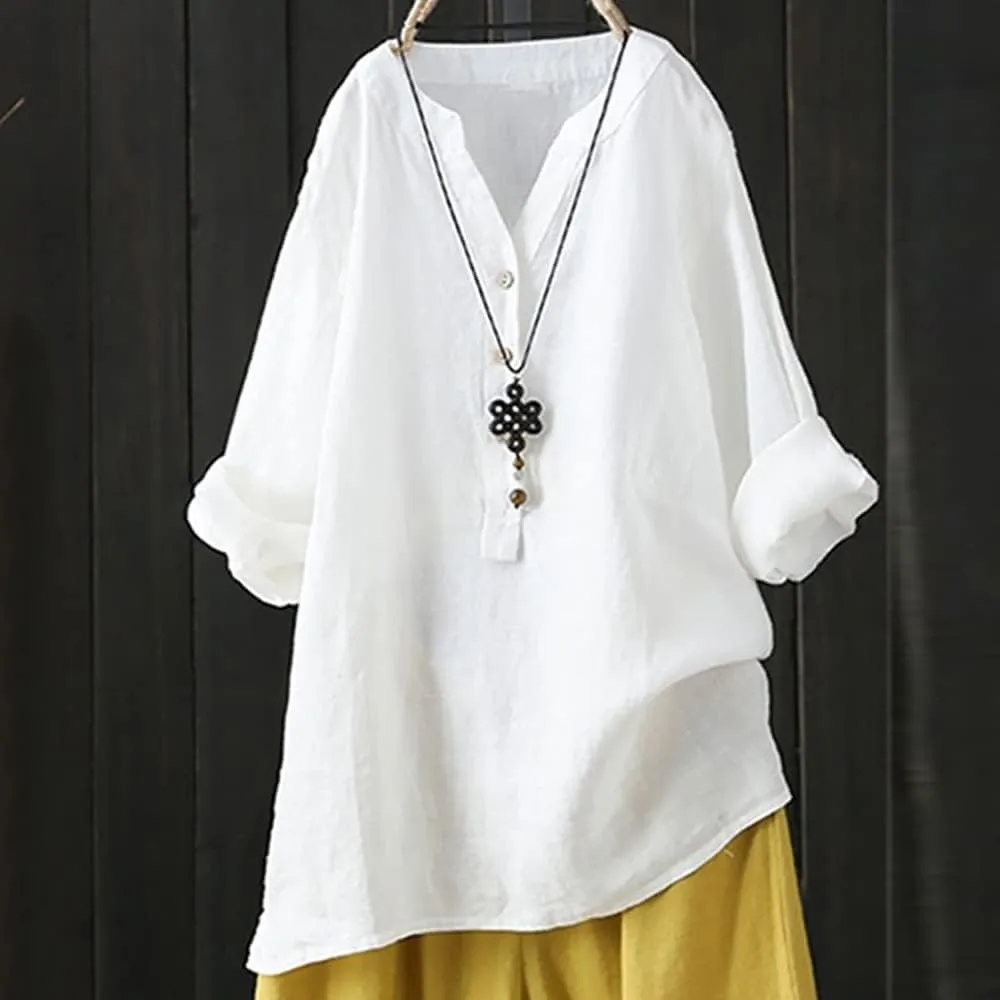 Women's Button Down Shirt Solid Color Long Sleeve Linen Summer Casual Basic Blouse Top Loose Tshirts