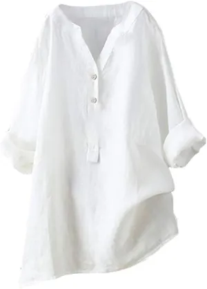 Women's Button Down Shirt Solid Color Long Sleeve Linen Summer Casual Basic Blouse Top Loose Tshirts