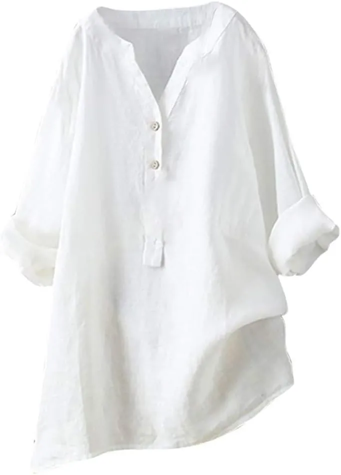 Women's Button Down Shirt Solid Color Long Sleeve Linen Summer Casual Basic Blouse Top Loose Tshirts