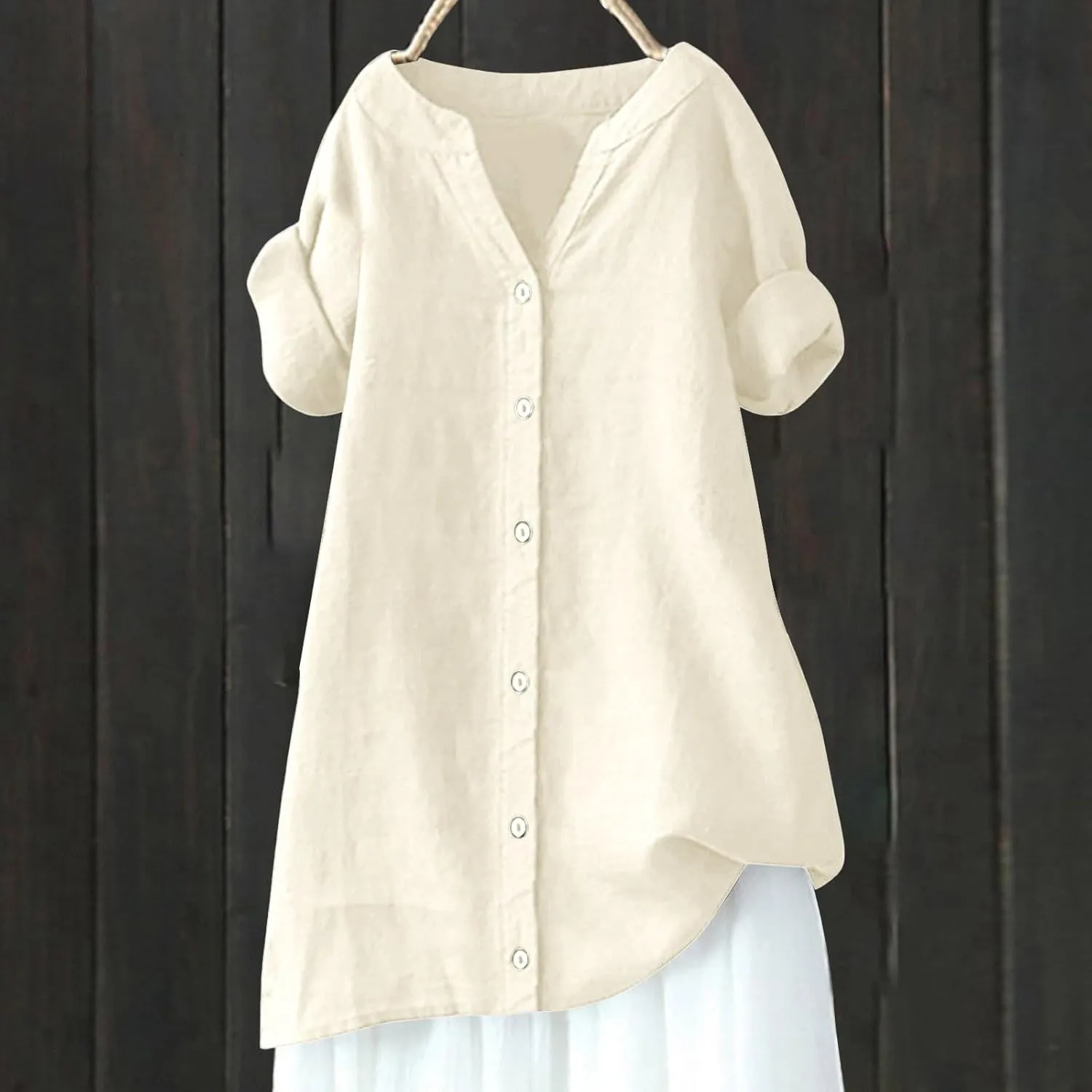 Womens Buttons Shirt Linen Roll-Up Sleeve V-Neck Beach Shirt Casual Loose Fit Plain Solid Blouses Tops