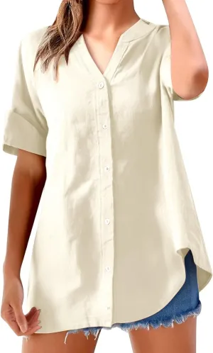 Womens Buttons Shirt Linen Roll-Up Sleeve V-Neck Beach Shirt Casual Loose Fit Plain Solid Blouses Tops