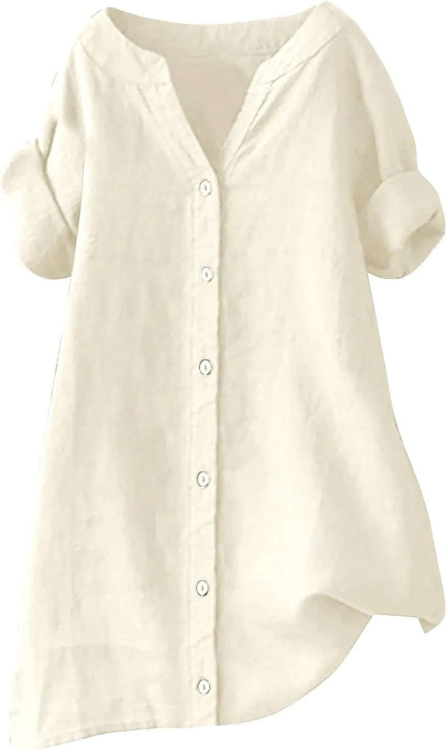 Womens Buttons Shirt Linen Roll-Up Sleeve V-Neck Beach Shirt Casual Loose Fit Plain Solid Blouses Tops