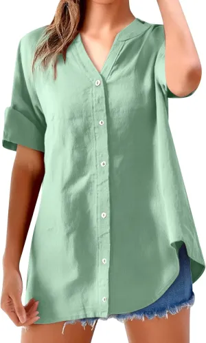 Womens Floral Linen Short Sleeve Top Summer Beach Casual Plus Size Tunic Top Round Neck Loose Tshirts