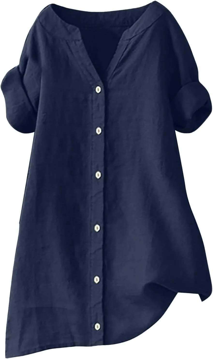 Womens Floral Linen Short Sleeve Top Summer Beach Casual Plus Size Tunic Top Round Neck Loose Tshirts